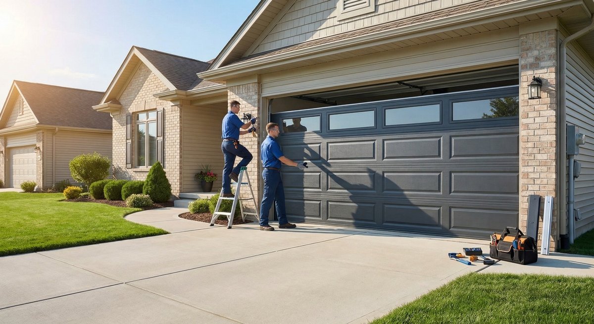 Two technicians working at a gray garage door on a brick-front house, one on a stepladder, with tools on the driveway