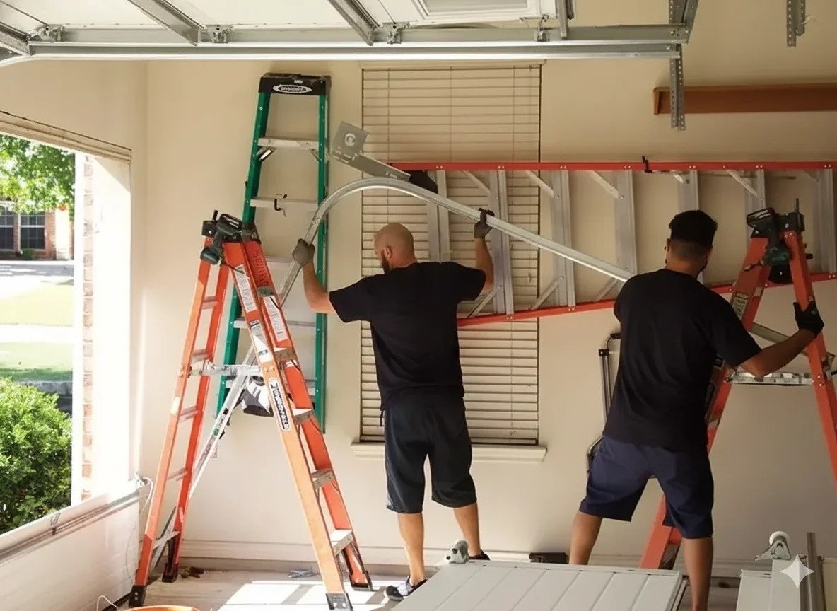 Two installers on stepladders lifting a long rail toward the garage ceiling