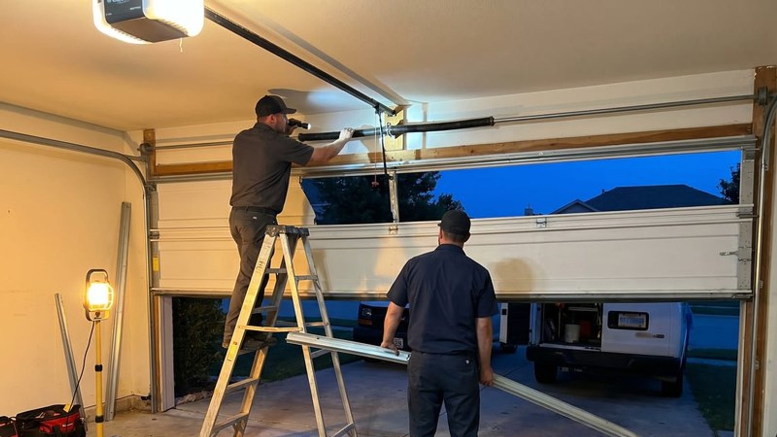 Two technicians working at the top of an open garage door in the evening