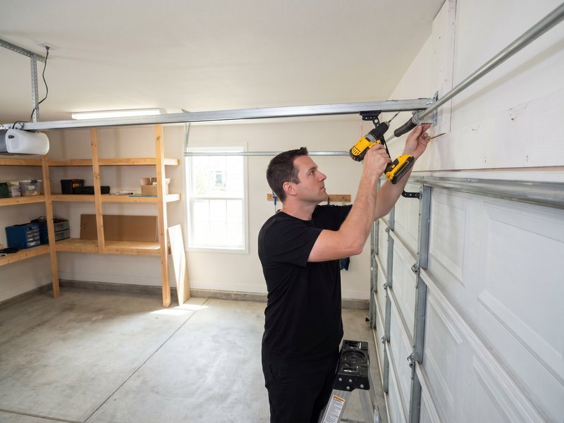 A technician with a power drill fastening the rail of a ceiling-mounted garage door opener