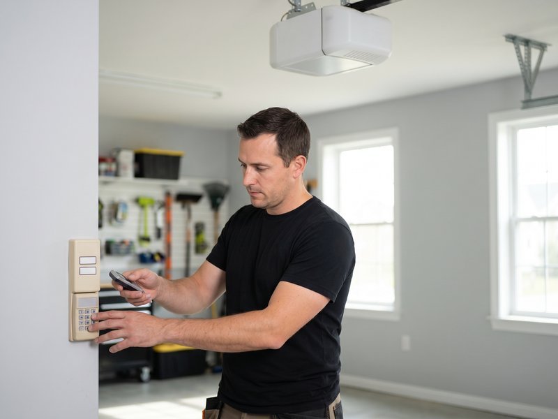 Wall keypad and smartphone in use while a technician programs a garage door opener