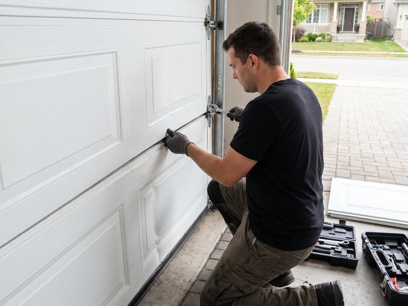 Technician securing the side hinges of a raised-panel white garage door