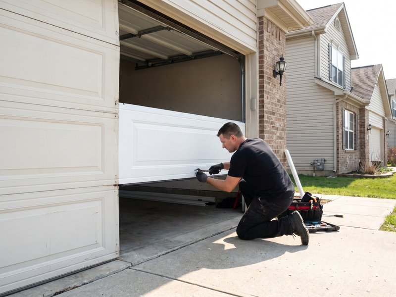 Technician kneeling to fit a new bottom panel on a white garage door