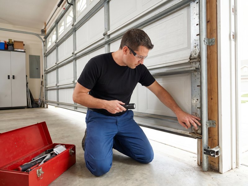 Technician with a flashlight checking the side of a white garage door, red toolbox on the floor