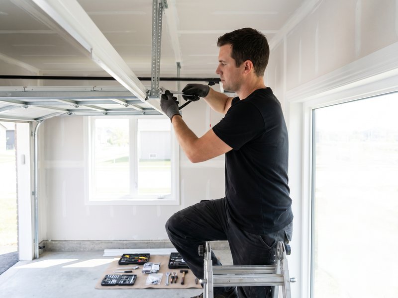 Technician on a stepladder working on the horizontal track near the ceiling, with tools laid out on the floor below