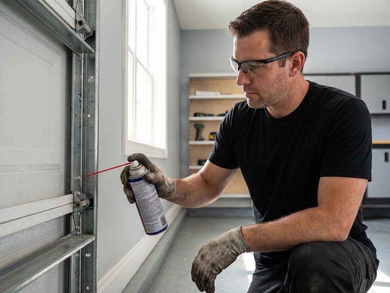 Technician in safety glasses spraying lubricant on a garage door track