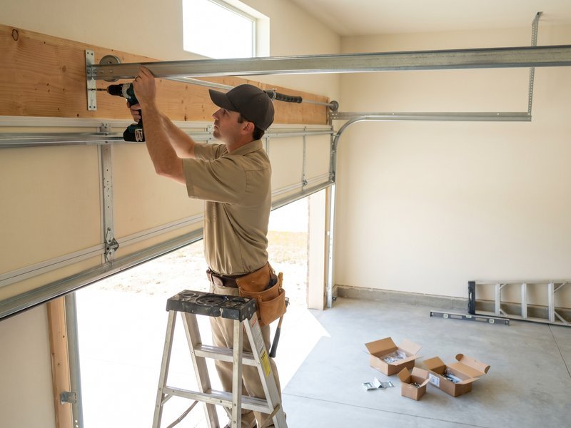An installer in a cap fastening a header bracket with a drill beside a stepladder