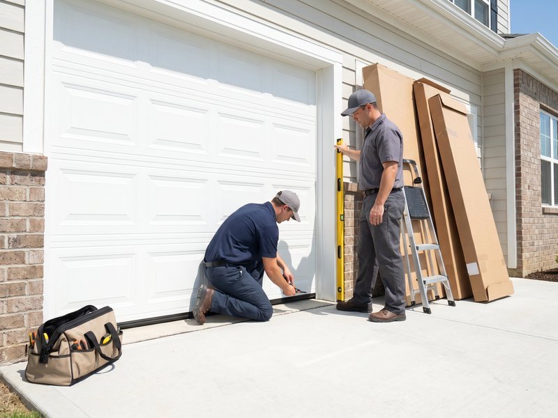 Two installers measuring a white garage door, with boxed door panels leaning against the wall